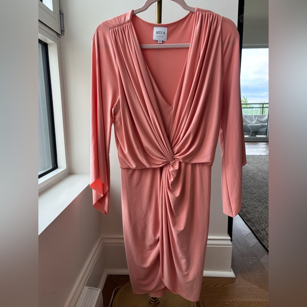 MISA Los Angeles Teget draped cocktail dress Revolve coral pink wedding M